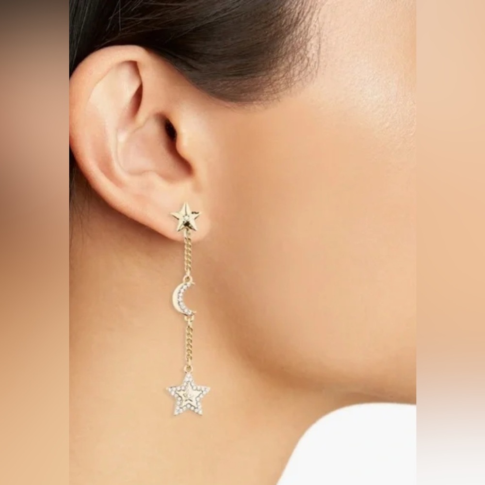NWT [Karl Lagerfeld] Designer Star & Moon Drop Dangle Satellite Earrings - Picture 3 of 7